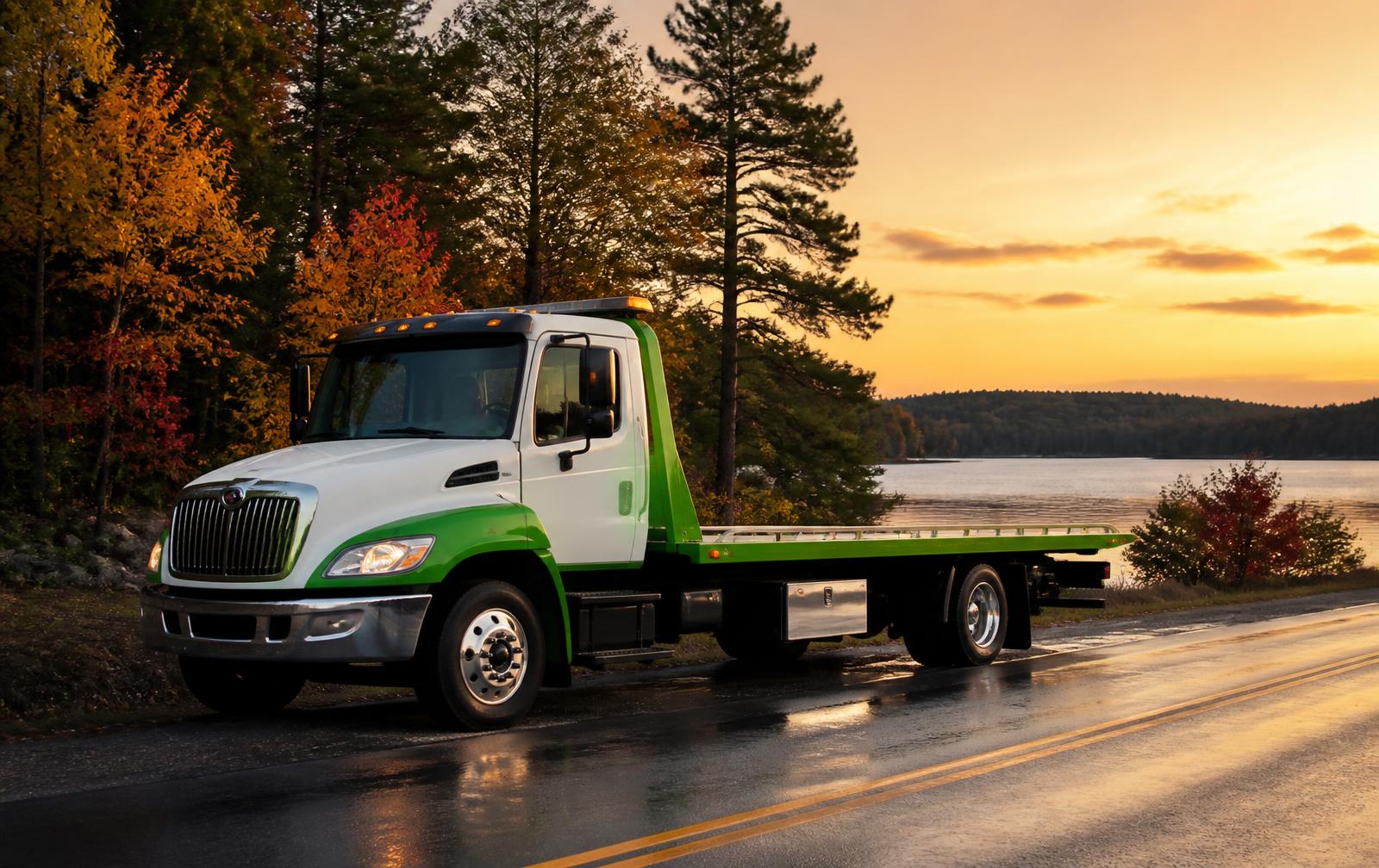 Green and white flatbed tow truck on a rural highway beside a lake in Kawartha Lakes, Ontario